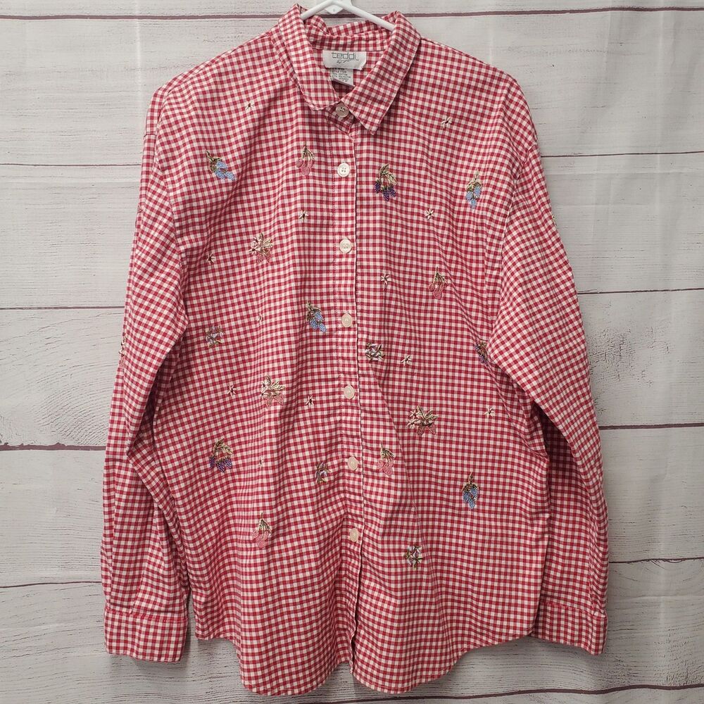 Teddi Women’s Red Check Shirt XL Embroidered Berries Roll Tab Sleeve Button Down